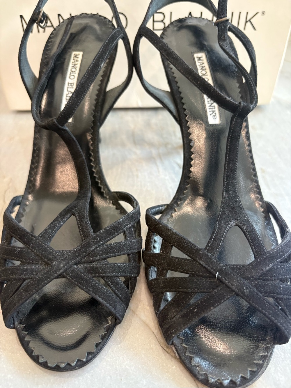Manolo Blahnik Black Strappy Suede Stiletto Heels size 40 (10) - Picture 6 of 9